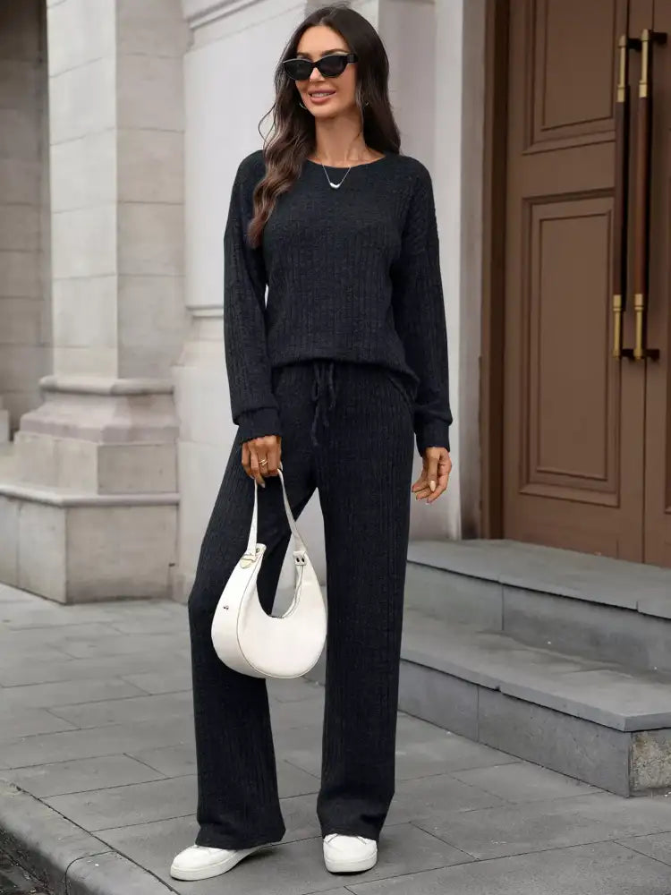 Ribbed Round Neck Top and Pants Set