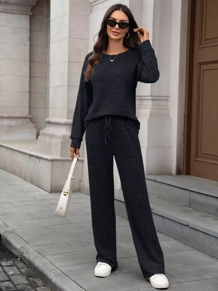 Ribbed Round Neck Top and Pants Set