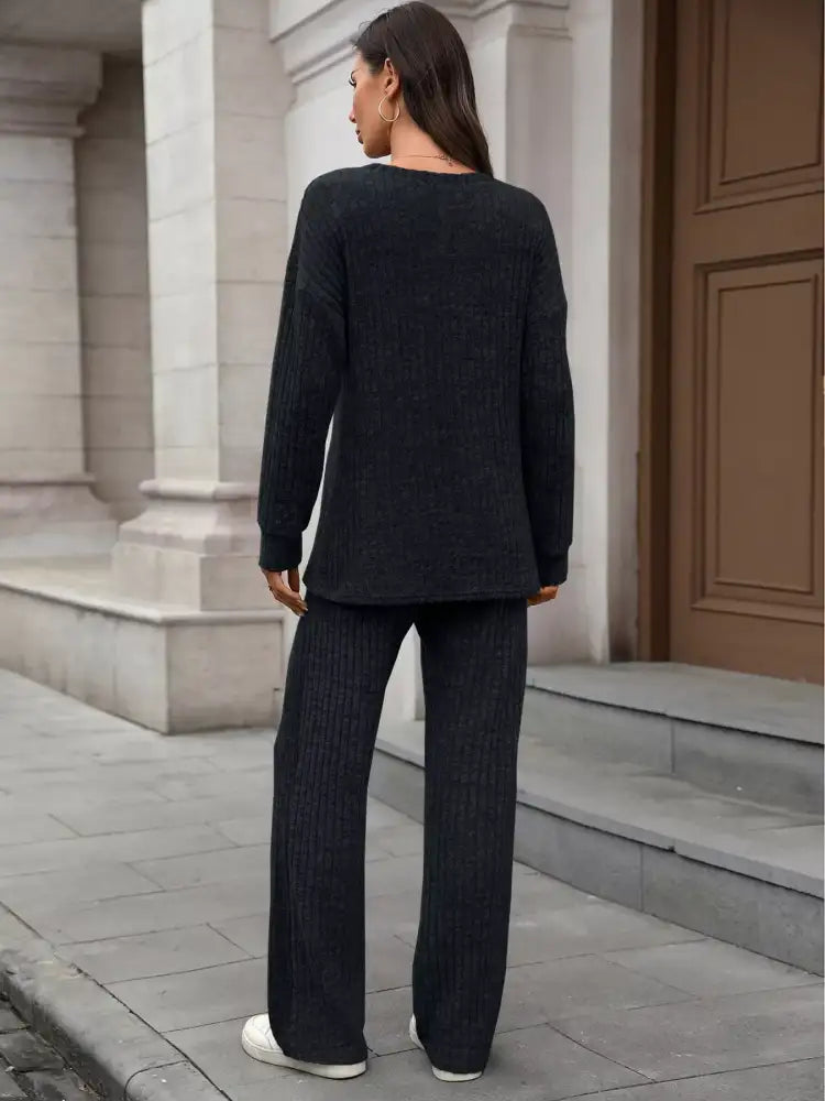 Ribbed Round Neck Top and Pants Set