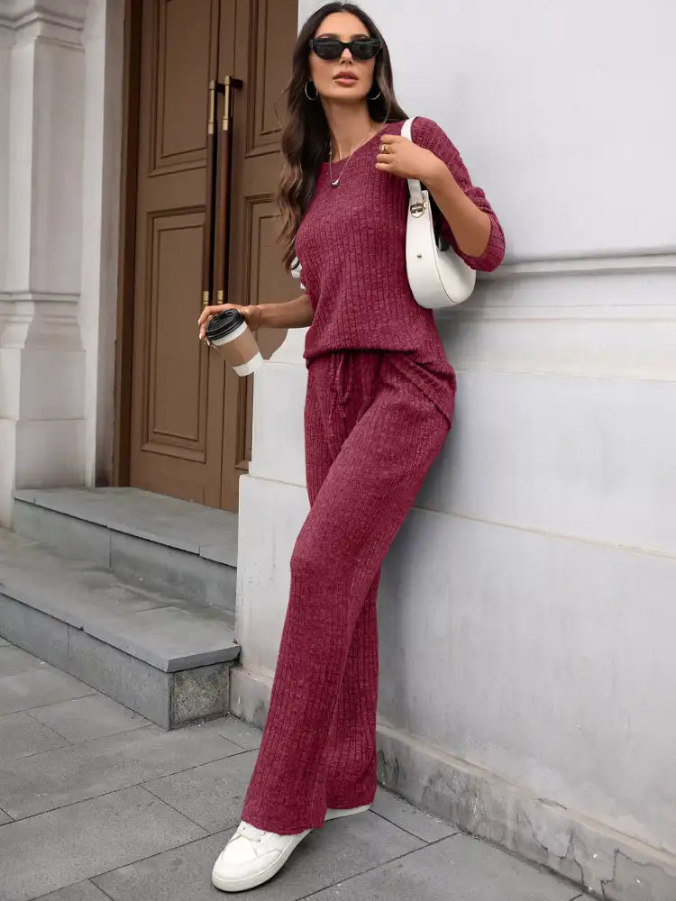 Ribbed Round Neck Top and Pants Set