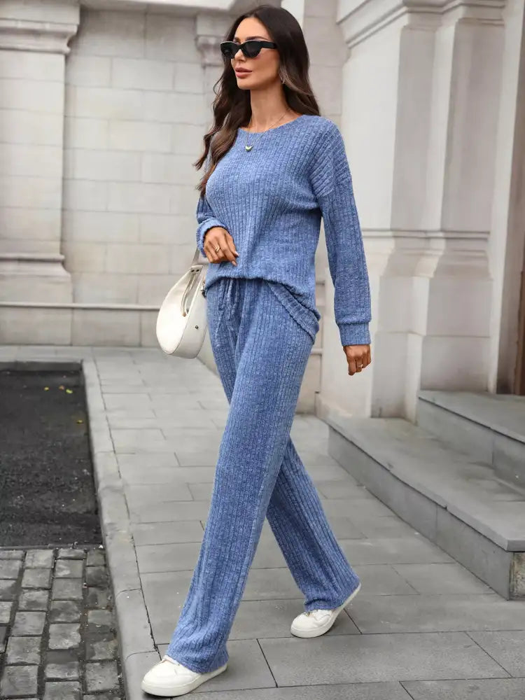 Ribbed Round Neck Top and Pants Set