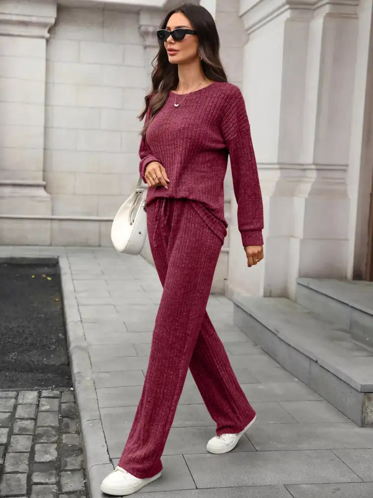 Ribbed Round Neck Top and Pants Set