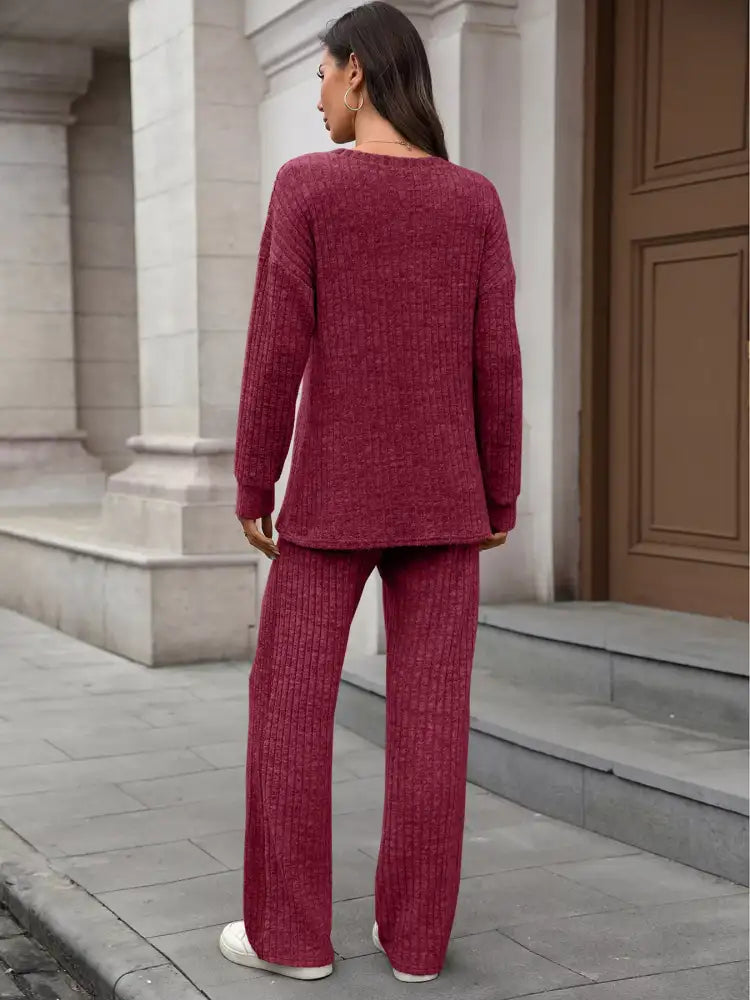 Ribbed Round Neck Top and Pants Set