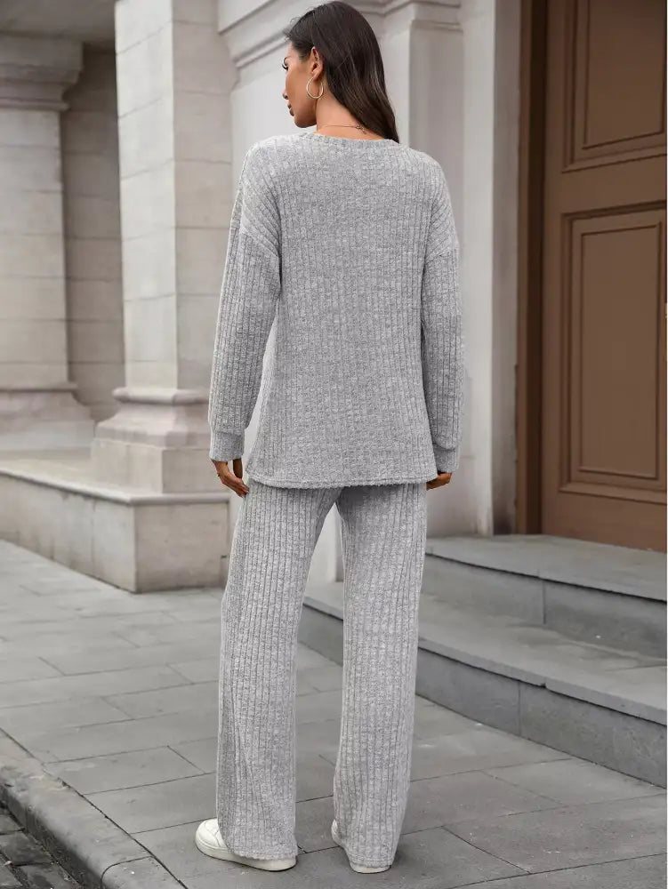 Ribbed Round Neck Top and Pants Set