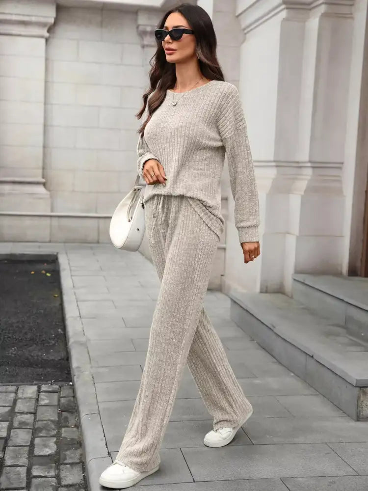 Ribbed Round Neck Top and Pants Set