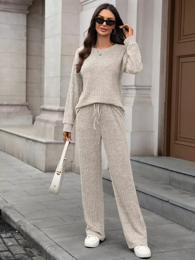 Ribbed Round Neck Top and Pants Set