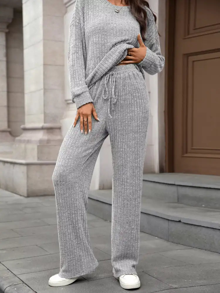 Ribbed Round Neck Top and Pants Set
