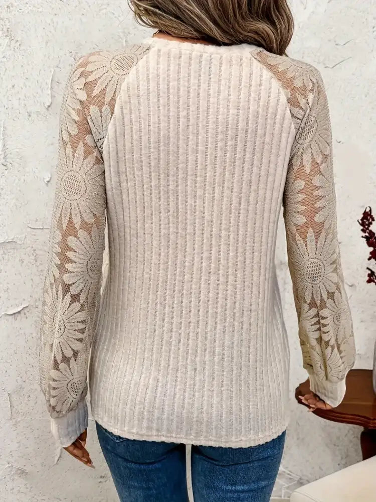 Ribbed Sheer Lace Sleeve Top