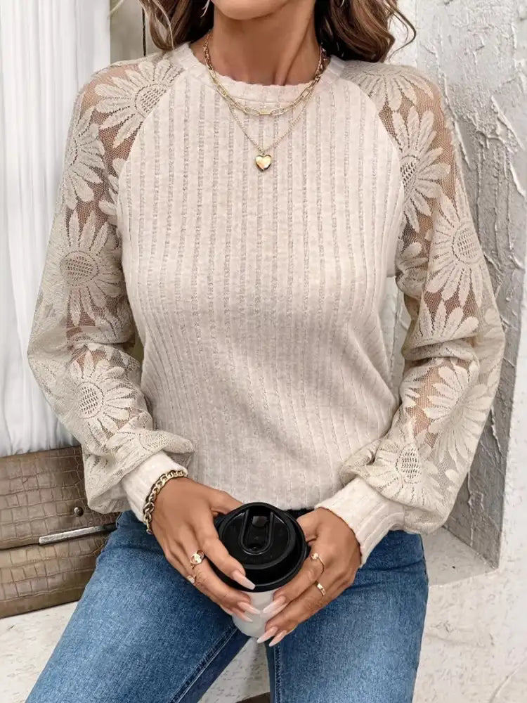 Ribbed Sheer Lace Sleeve Top