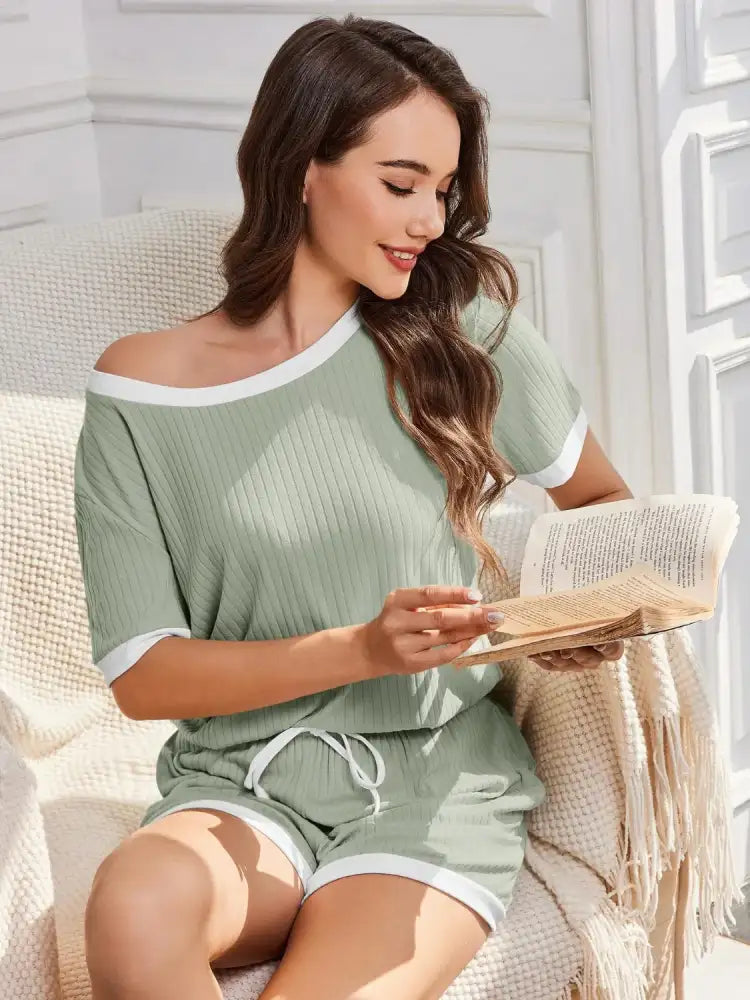 Ribbed Short Sleeve Top and Shorts Set