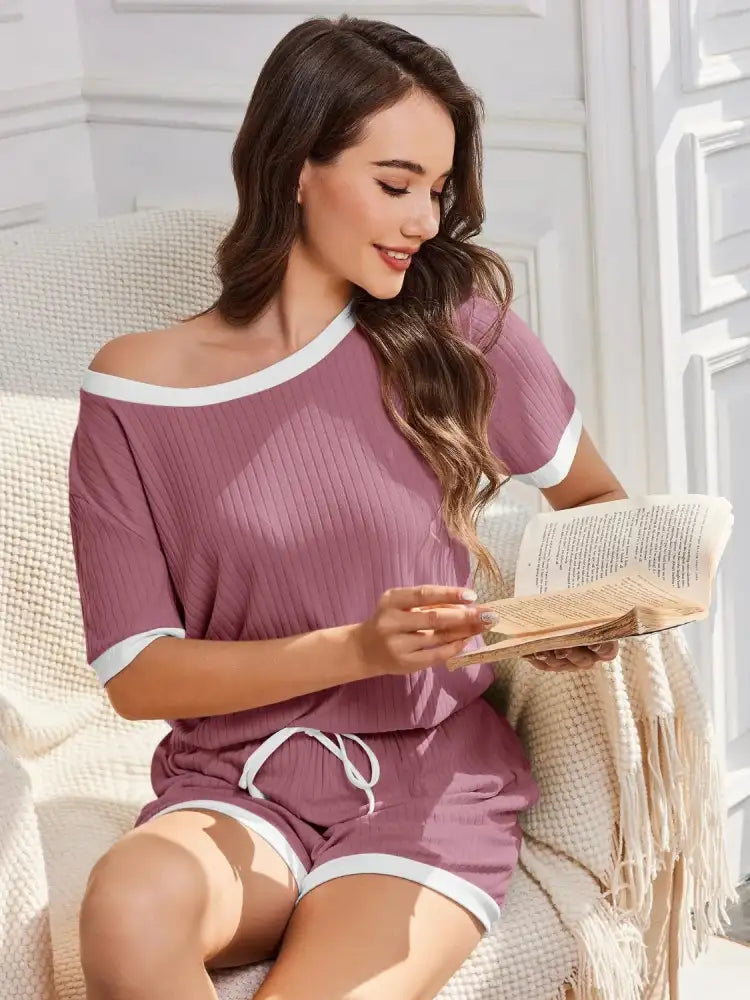 Ribbed Short Sleeve Top and Shorts Set