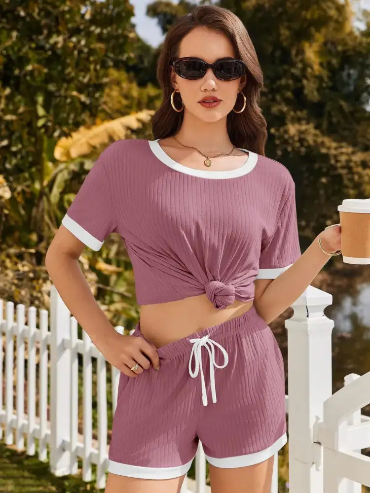 Ribbed Short Sleeve Top and Shorts Set