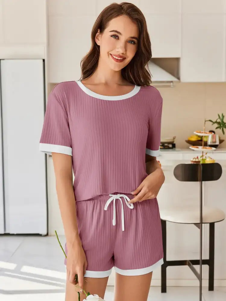 Ribbed Short Sleeve Top and Shorts Set