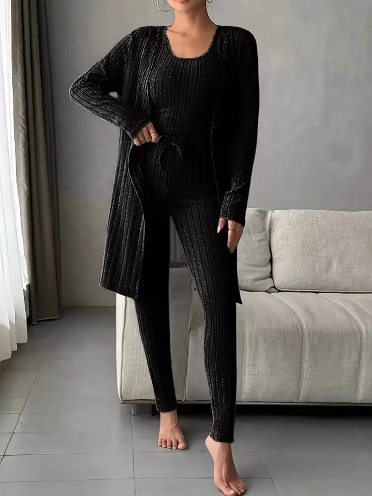 Ribbed Tank Long Sleeve Cardigan and Pants 3 Piece Lounge Set
