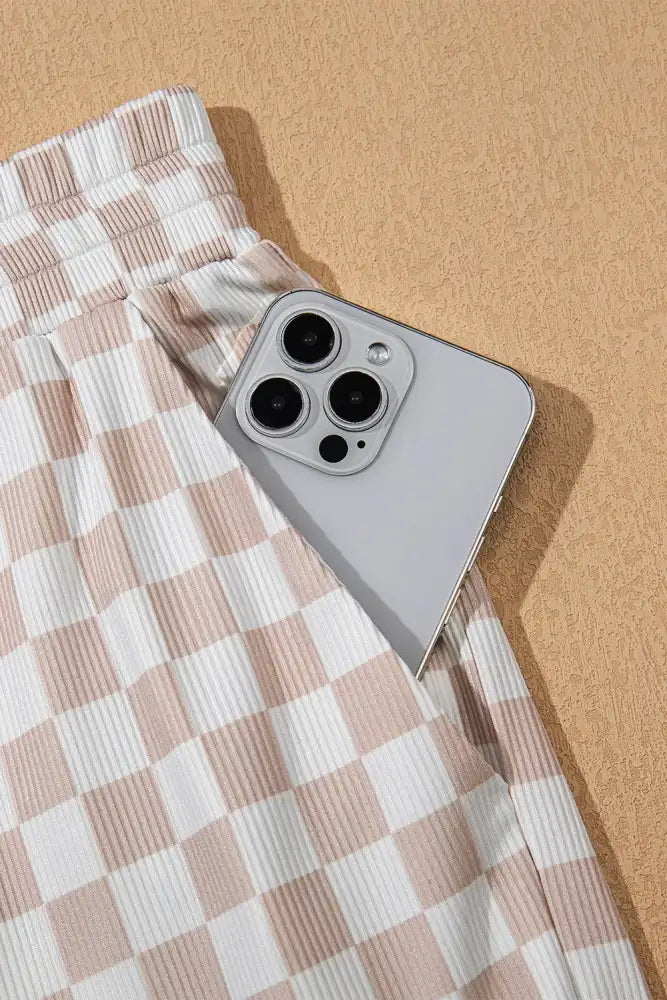 Ribbed Texture Checkered Print Tank and Pants Set