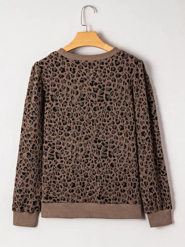 Ribbed Trim Leopard Print Long Sleeve Top