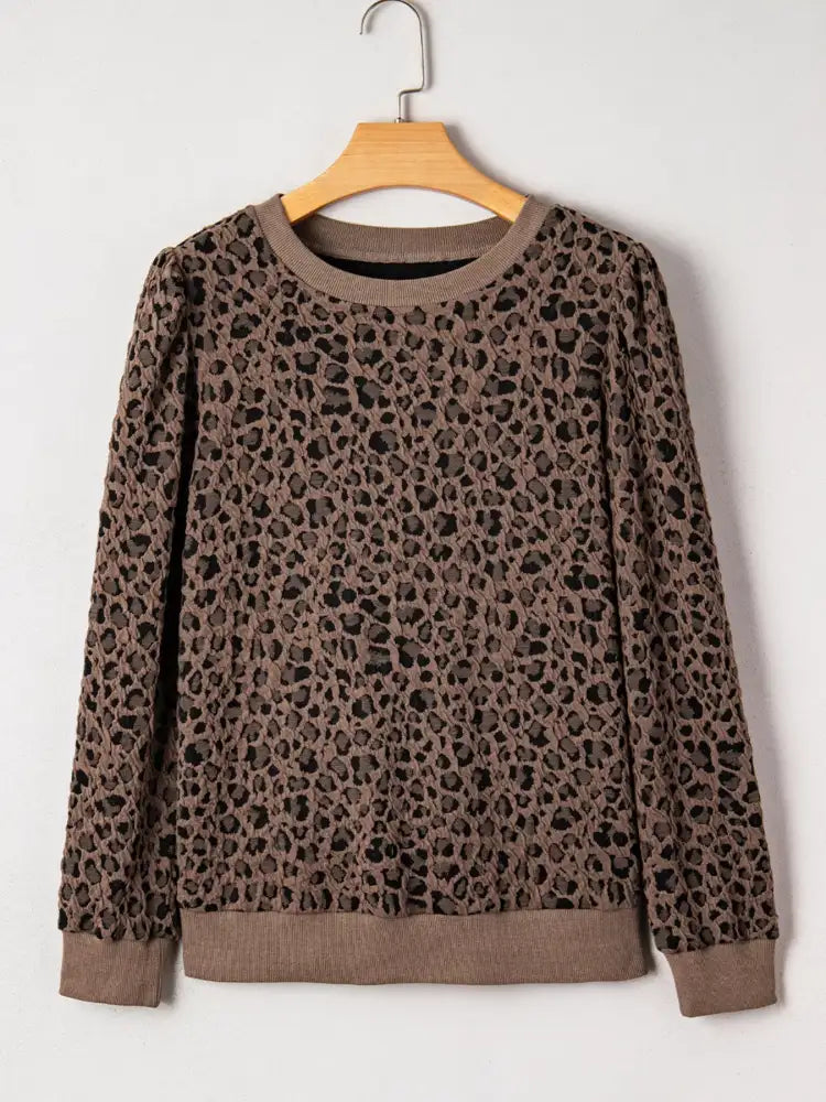 Ribbed Trim Leopard Print Long Sleeve Top