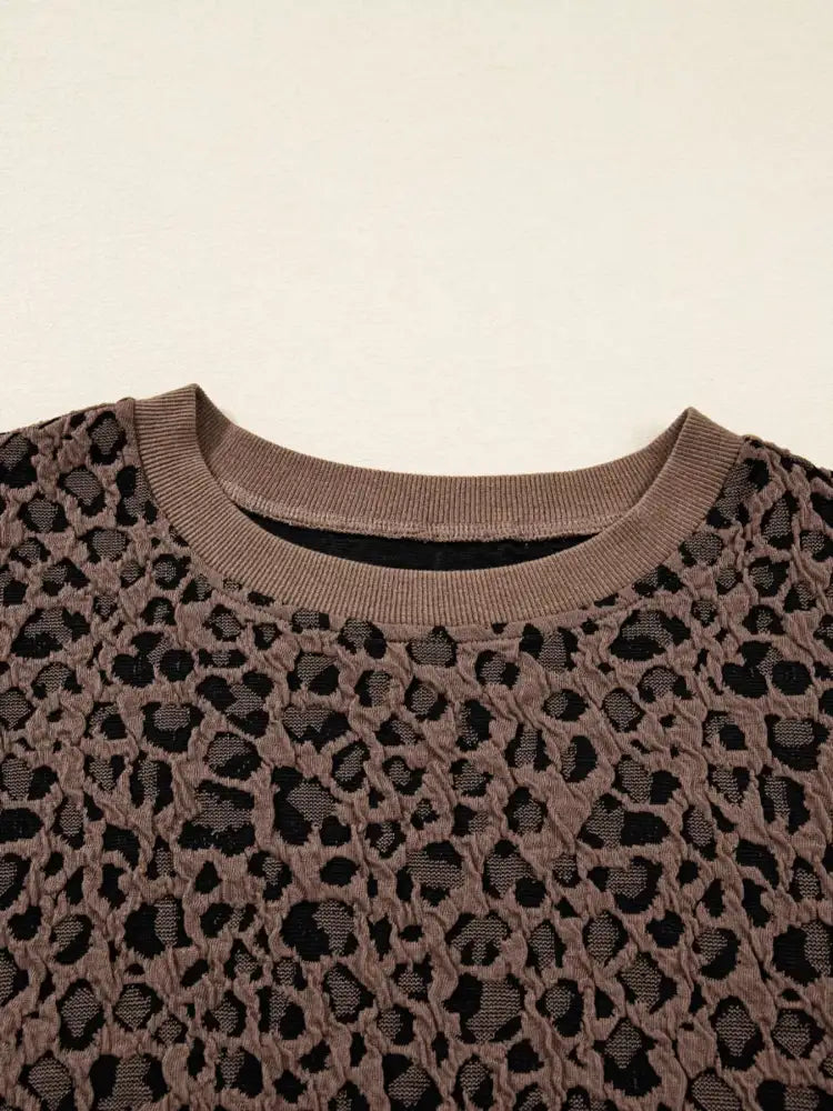 Ribbed Trim Leopard Print Long Sleeve Top