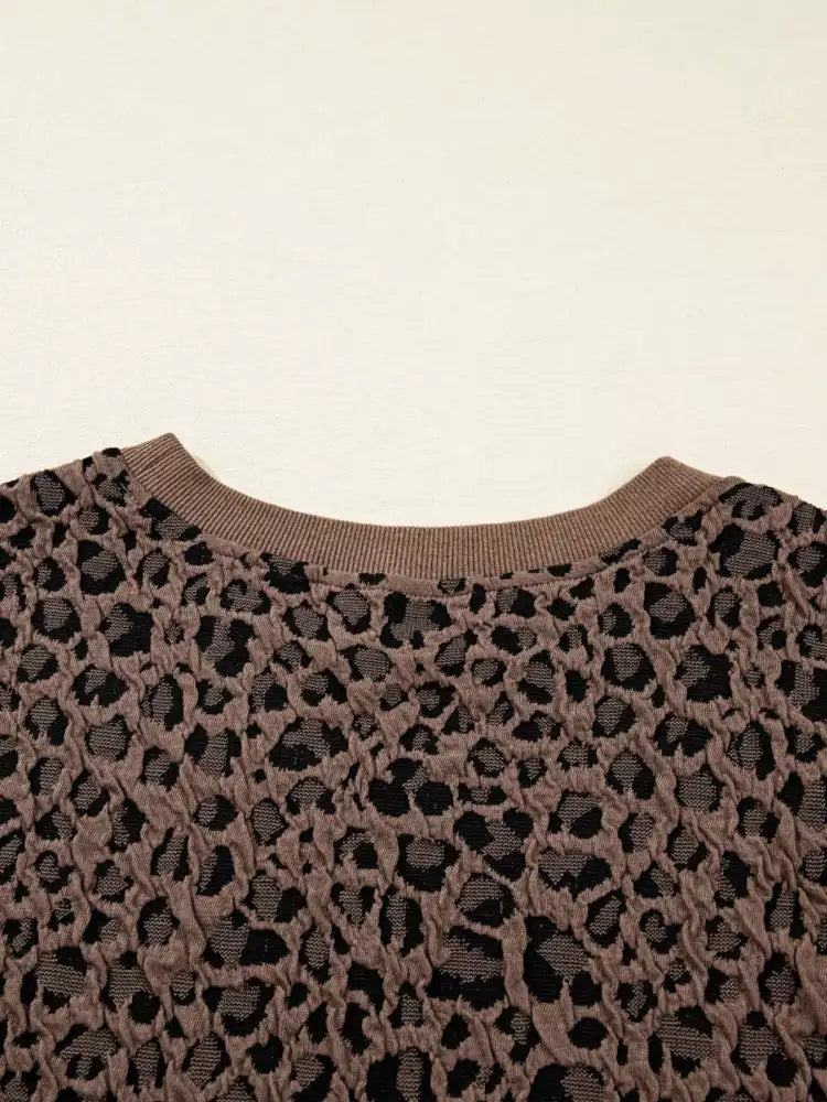 Ribbed Trim Leopard Print Long Sleeve Top
