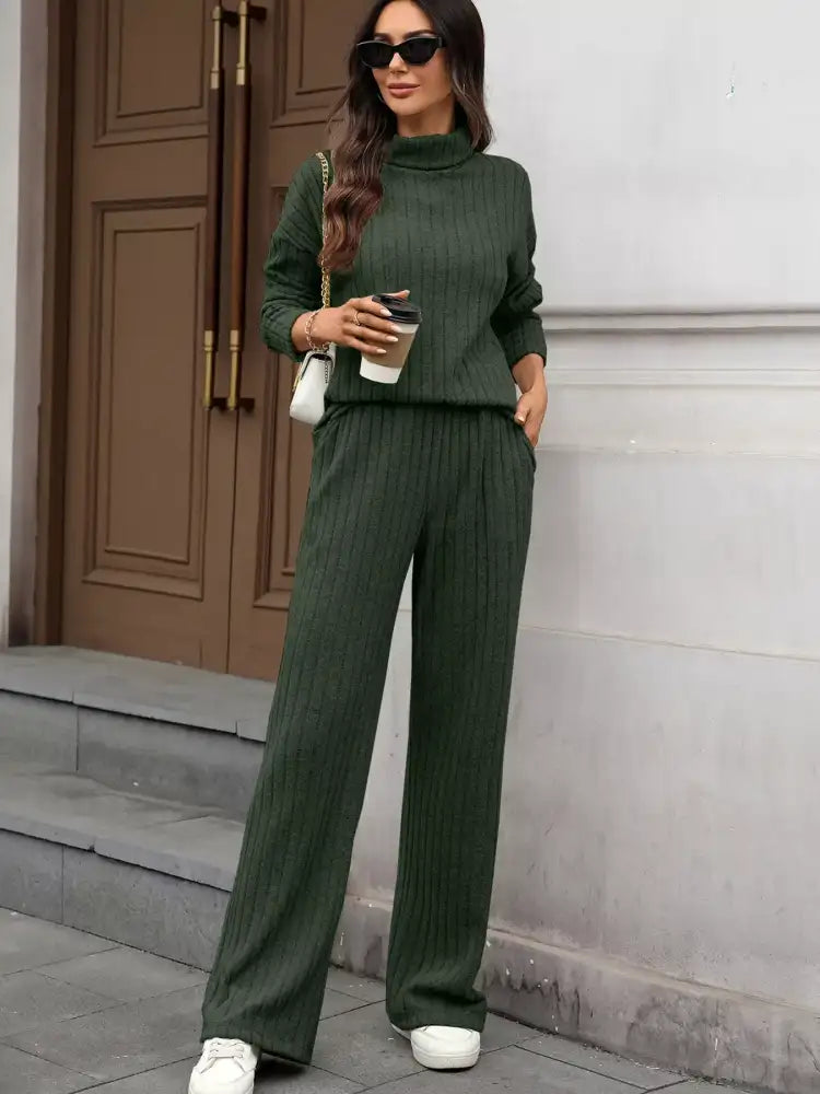 Ribbed Turtleneck Dropped Shoulder Top and Pants Sweater Set