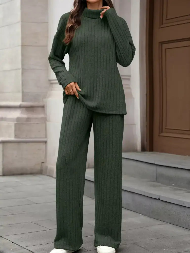 Ribbed Turtleneck Dropped Shoulder Top and Pants Sweater Set