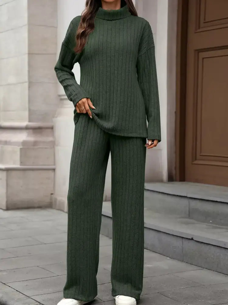 Ribbed Turtleneck Dropped Shoulder Top and Pants Sweater Set