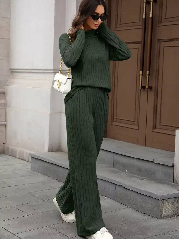 Ribbed Turtleneck Dropped Shoulder Top and Pants Sweater Set