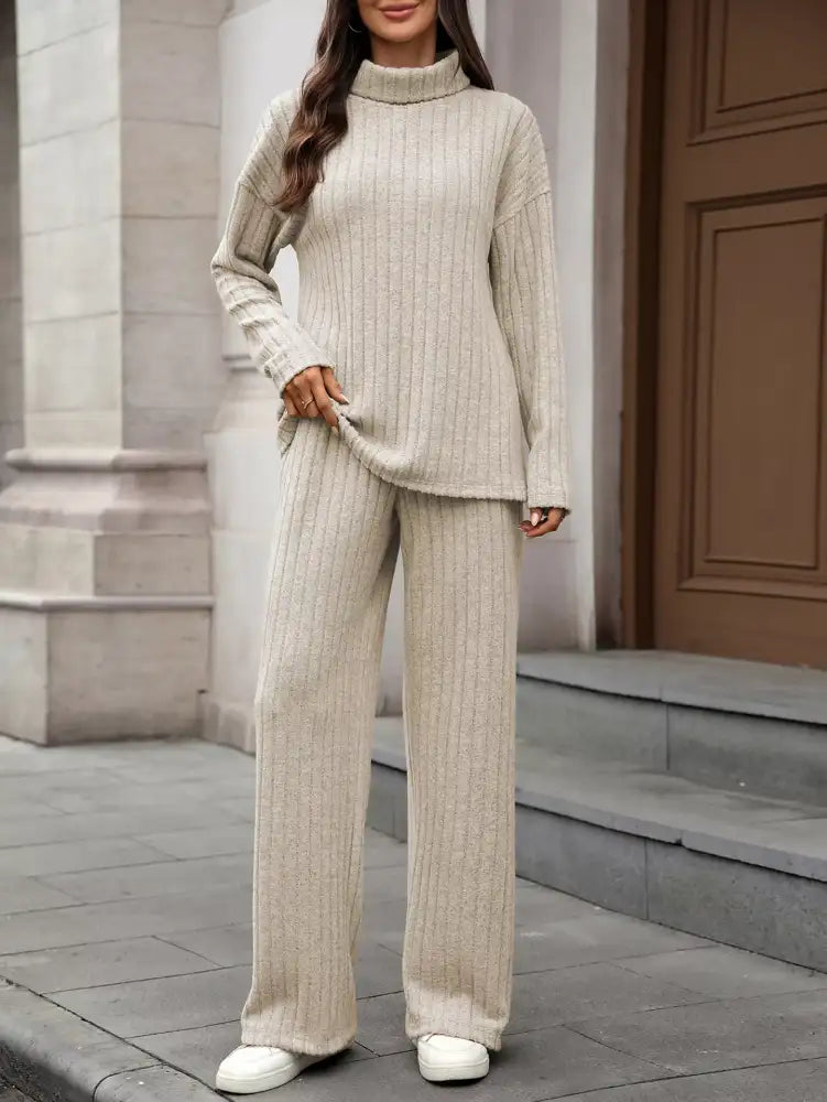 Ribbed Turtleneck Dropped Shoulder Top and Pants Sweater Set