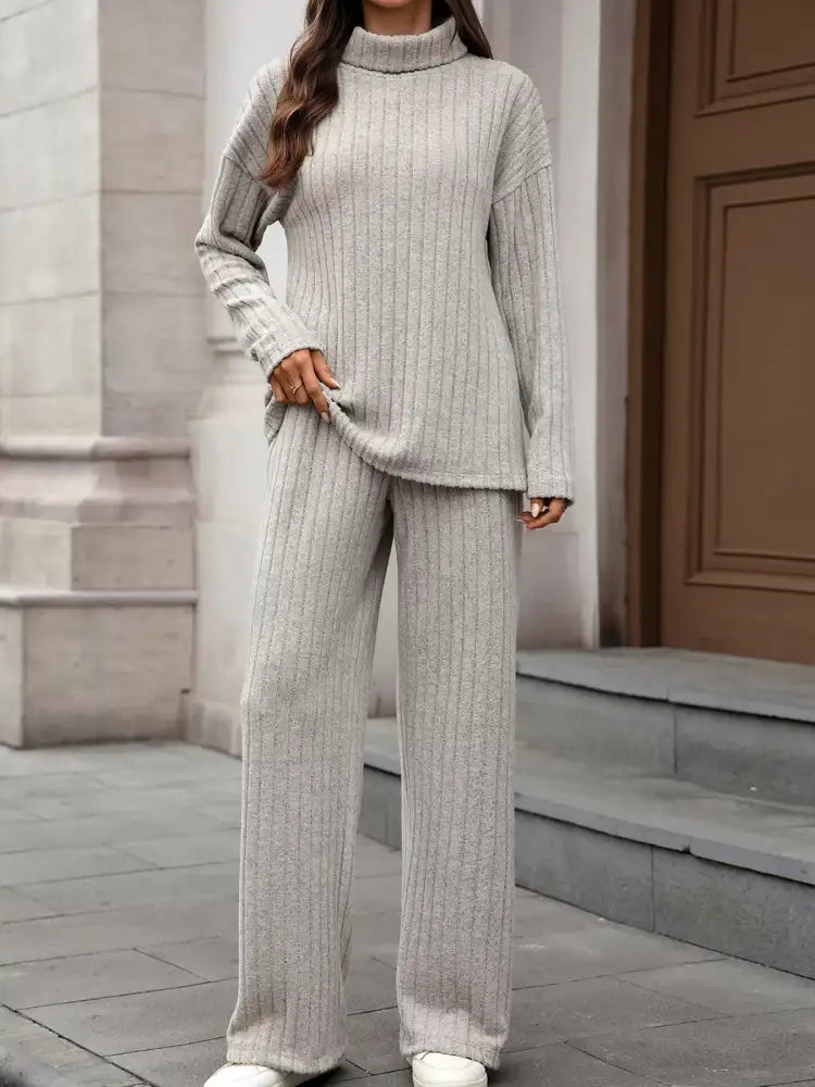 Ribbed Turtleneck Dropped Shoulder Top and Pants Sweater Set