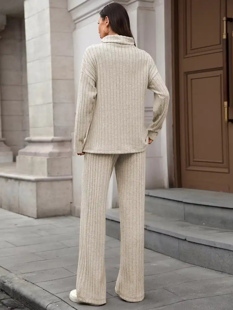 Ribbed Turtleneck Dropped Shoulder Top and Pants Sweater Set