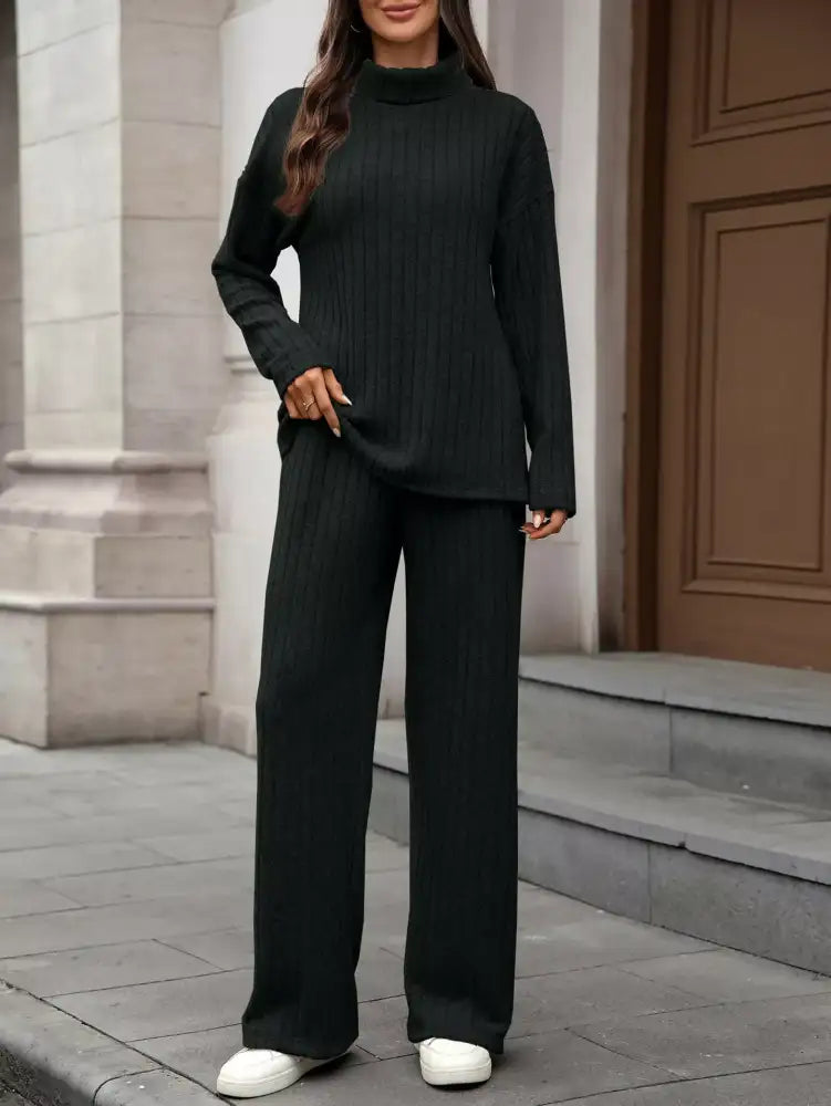 Ribbed Turtleneck Dropped Shoulder Top and Pants Sweater Set
