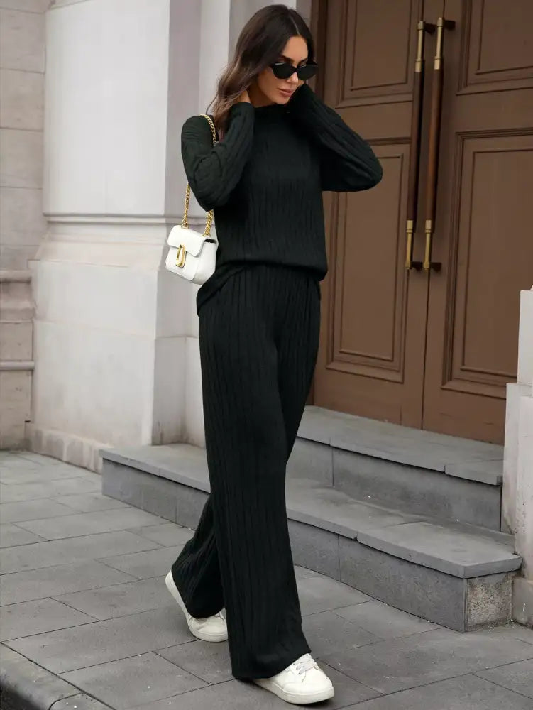 Ribbed Turtleneck Dropped Shoulder Top and Pants Sweater Set