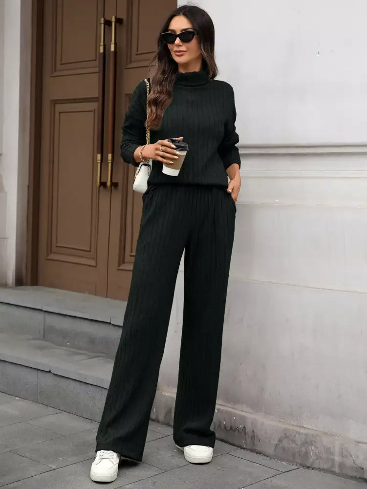 Ribbed Turtleneck Dropped Shoulder Top and Pants Sweater Set