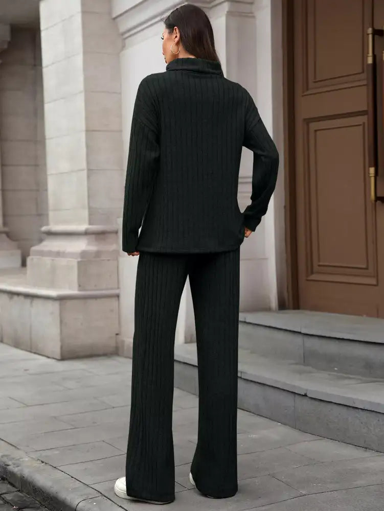 Ribbed Turtleneck Dropped Shoulder Top and Pants Sweater Set