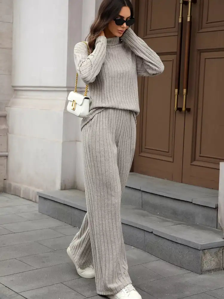 Ribbed Turtleneck Dropped Shoulder Top and Pants Sweater Set