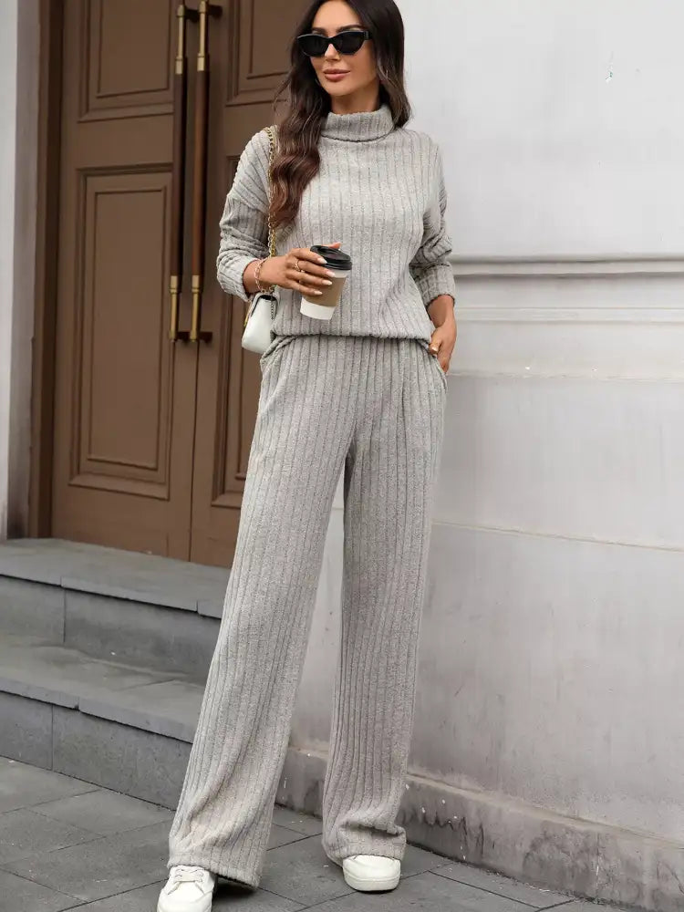 Ribbed Turtleneck Dropped Shoulder Top and Pants Sweater Set