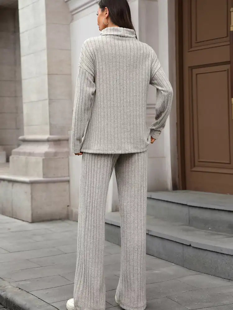 Ribbed Turtleneck Dropped Shoulder Top and Pants Sweater Set