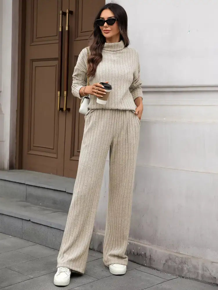 Ribbed Turtleneck Dropped Shoulder Top and Pants Sweater Set
