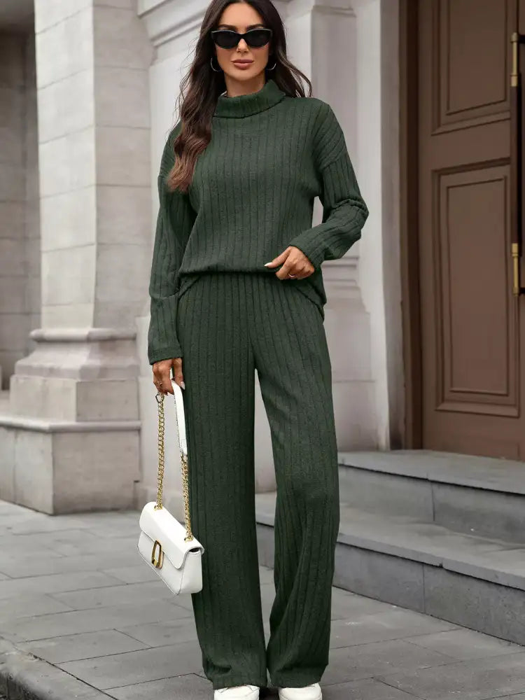Ribbed Turtleneck Dropped Shoulder Top and Pants Sweater Set