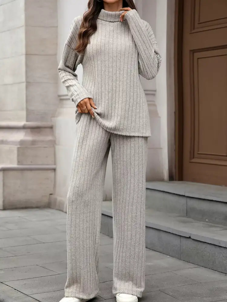Ribbed Turtleneck Dropped Shoulder Top and Pants Sweater Set