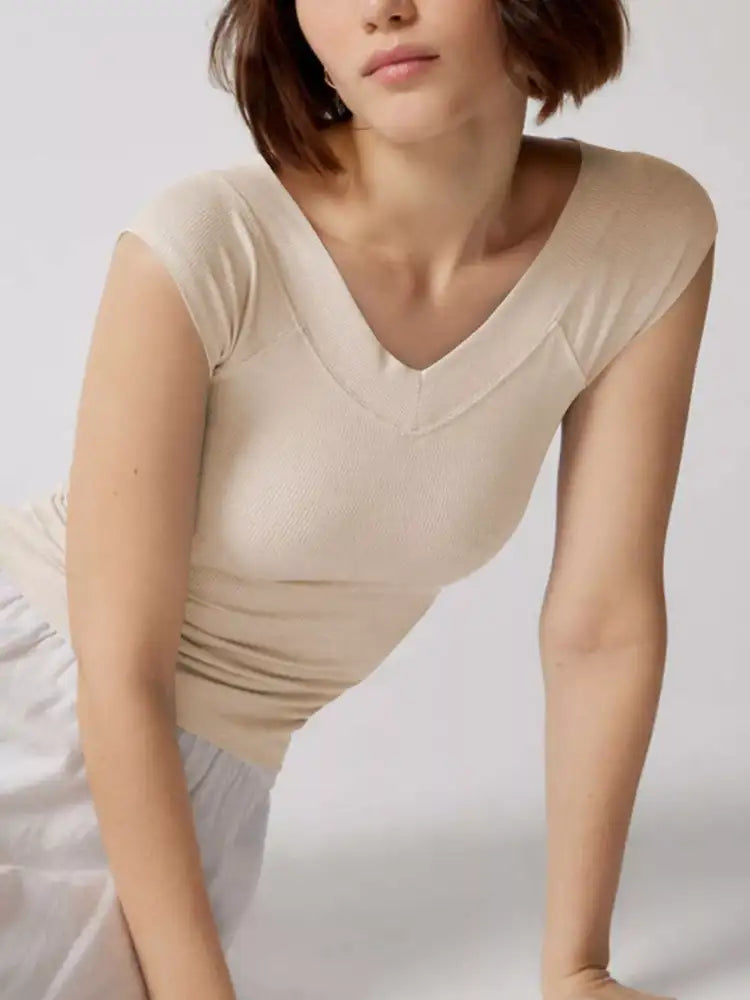 Ribbed V-Neck Cap Sleeve Fitted T-Shirt
