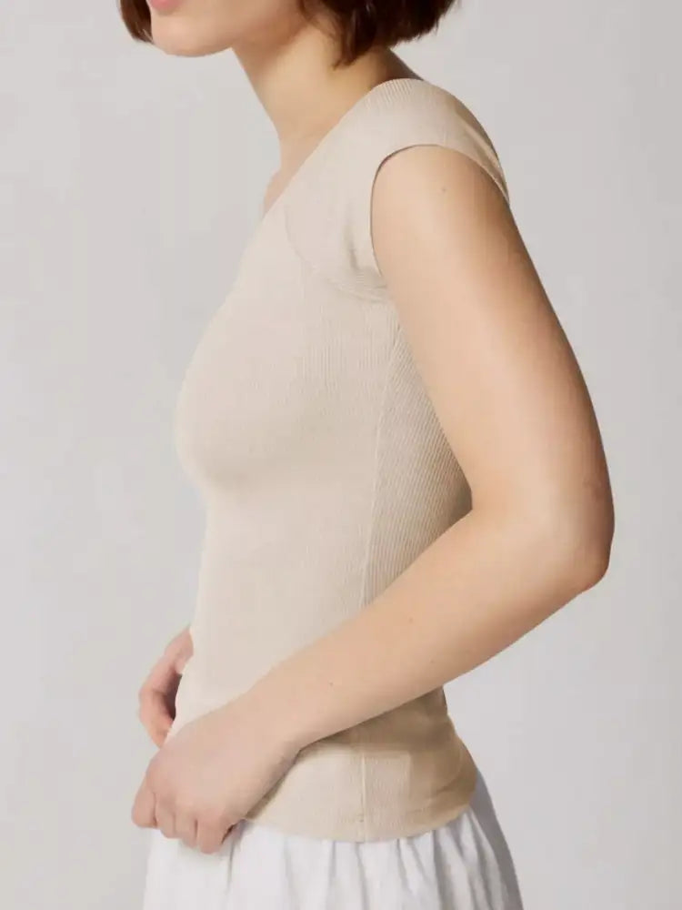 Ribbed V-Neck Cap Sleeve Fitted T-Shirt