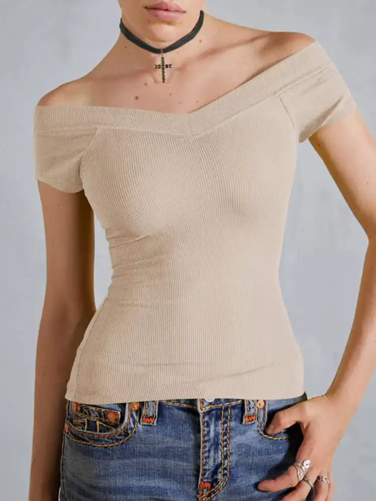 Ribbed V-Neck Cap Sleeve Fitted T-Shirt