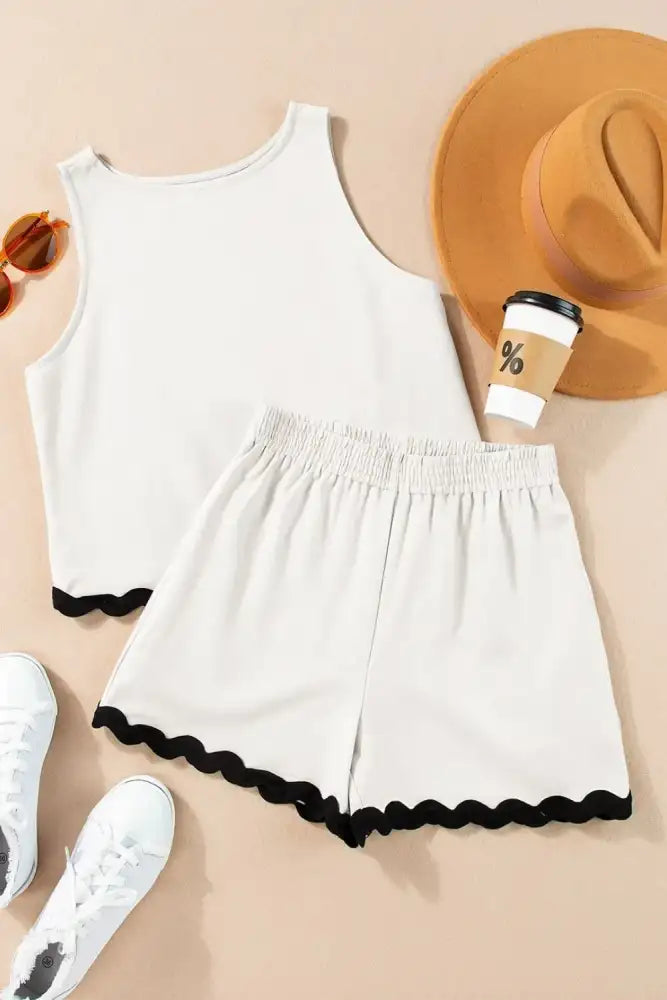 Ricrac Trim Tank Top and Elastic Waist Shorts Set