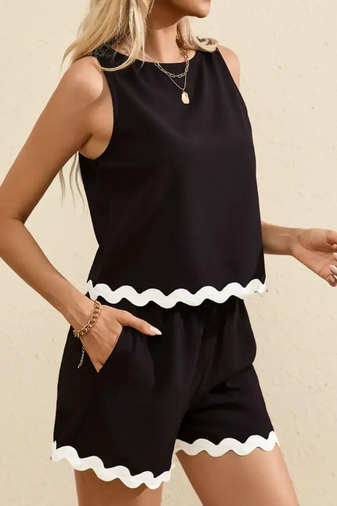Ricrac Trim Tank Top and Elastic Waist Shorts Set