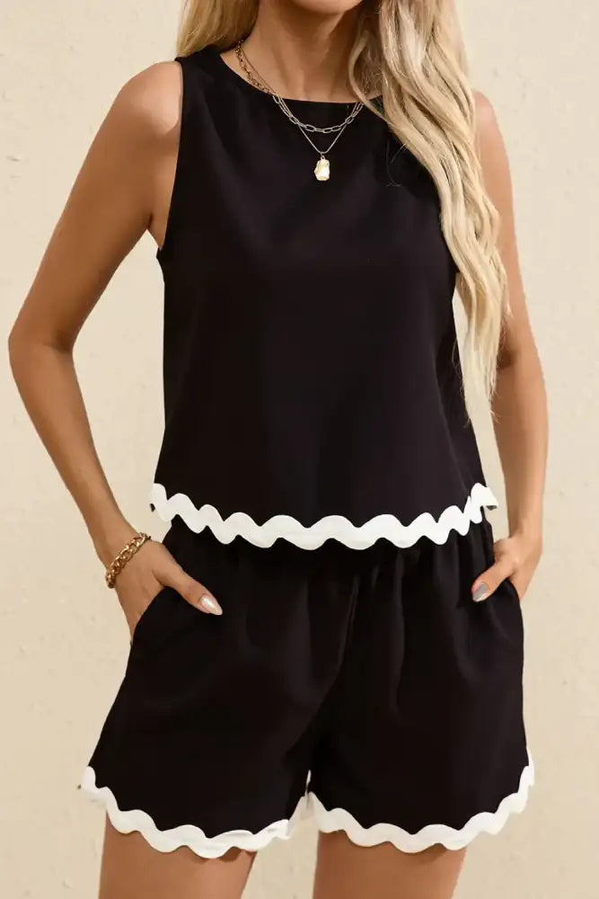 Ricrac Trim Tank Top and Elastic Waist Shorts Set