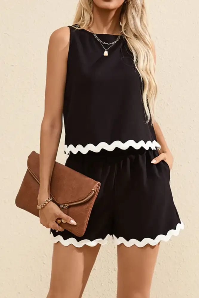 Ricrac Trim Tank Top and Elastic Waist Shorts Set