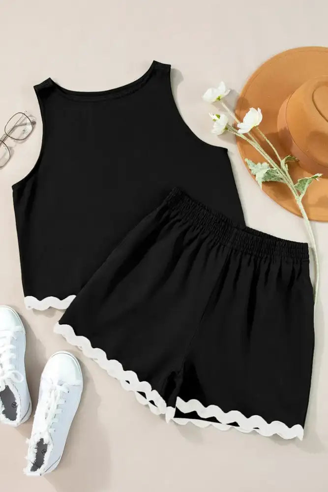 Ricrac Trim Tank Top and Elastic Waist Shorts Set
