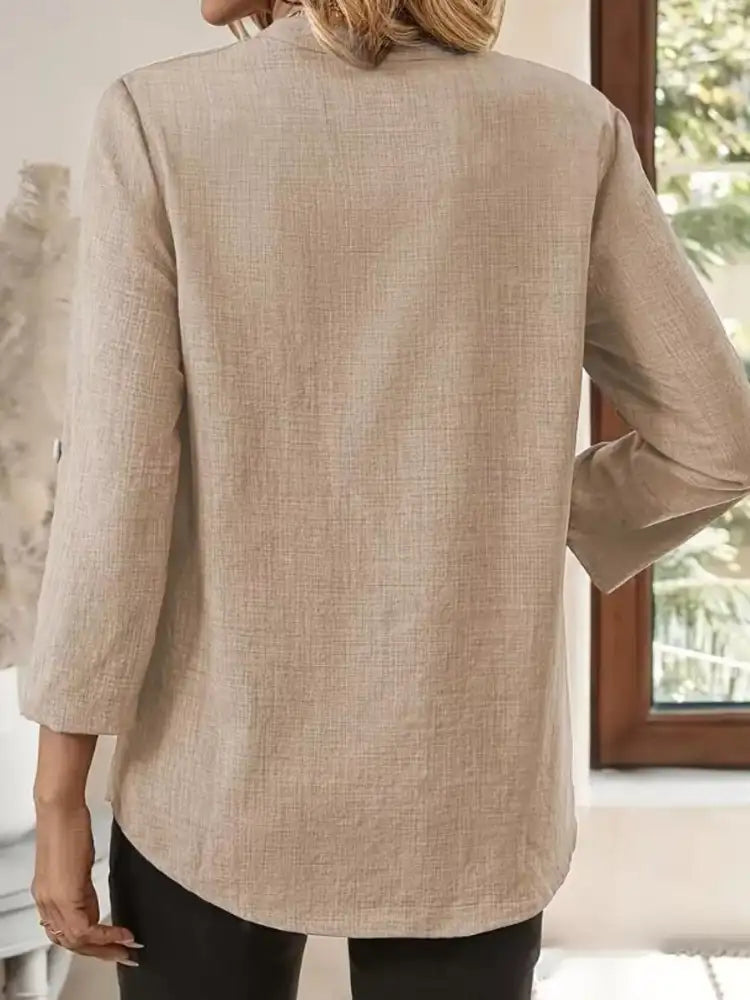 Roll-Up Sleeve Notched Blouse