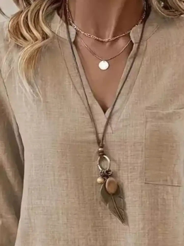 Roll-Up Sleeve Notched Blouse